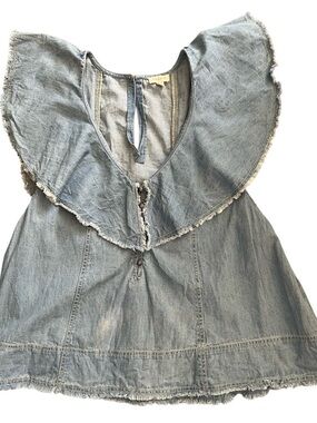 Pilcro Ruffle-Neck Denim Swing Blouse Size L Anthropologie Jeans V-Neck Summer